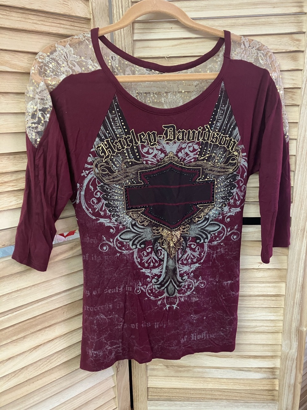 Harley-Davidson Women's Burgundy Lace-Shoulder Graphic Long Sleeve Tee